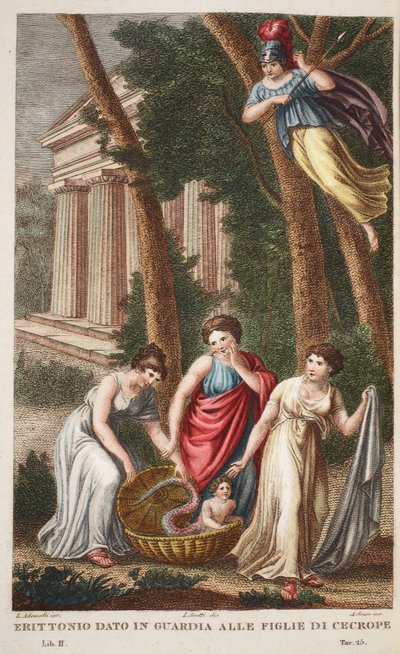 Erichthonius met Drakenvoeten of Erittonio gegeven aan de Dochters van Cecrops, Boek II, illustratie uit Ovidius